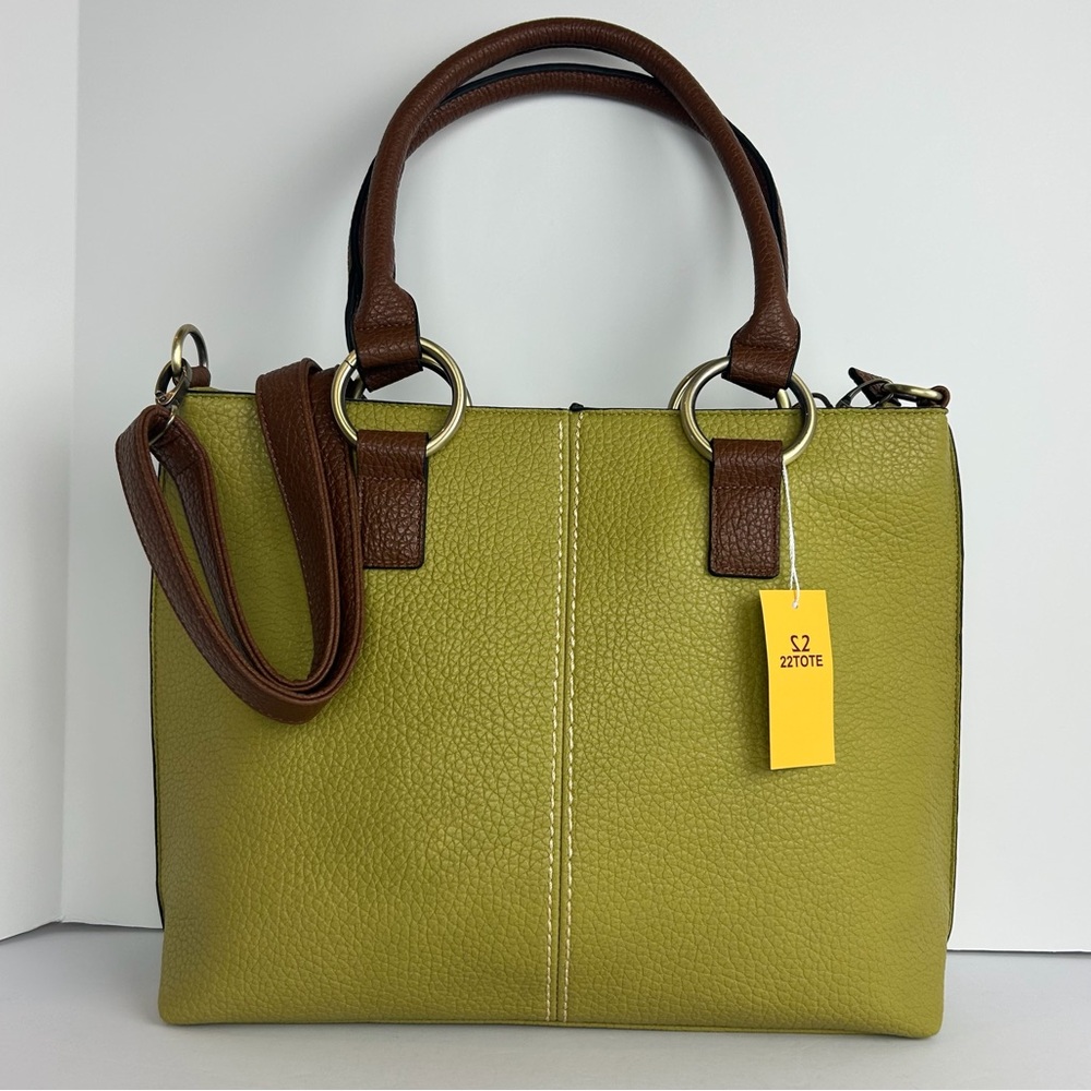 NWT 22 Tote Handbag Pebbled Tote Olive Brown Trim Double Handle Adjustable Strap